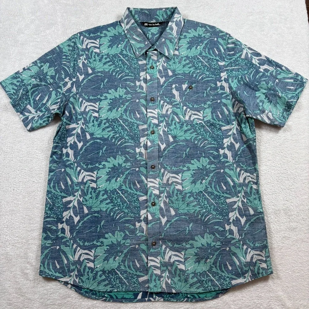 Travis Mathew Shirt‎ Mens XL Blue Cotton Floral Travel Summer Outing Button Up